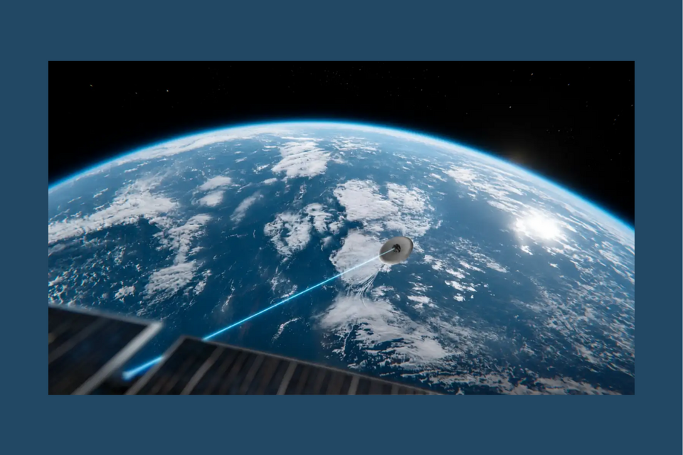 Illustration of an optical link between a satellite and ATMOS Space Cargo's reentry vehicle.